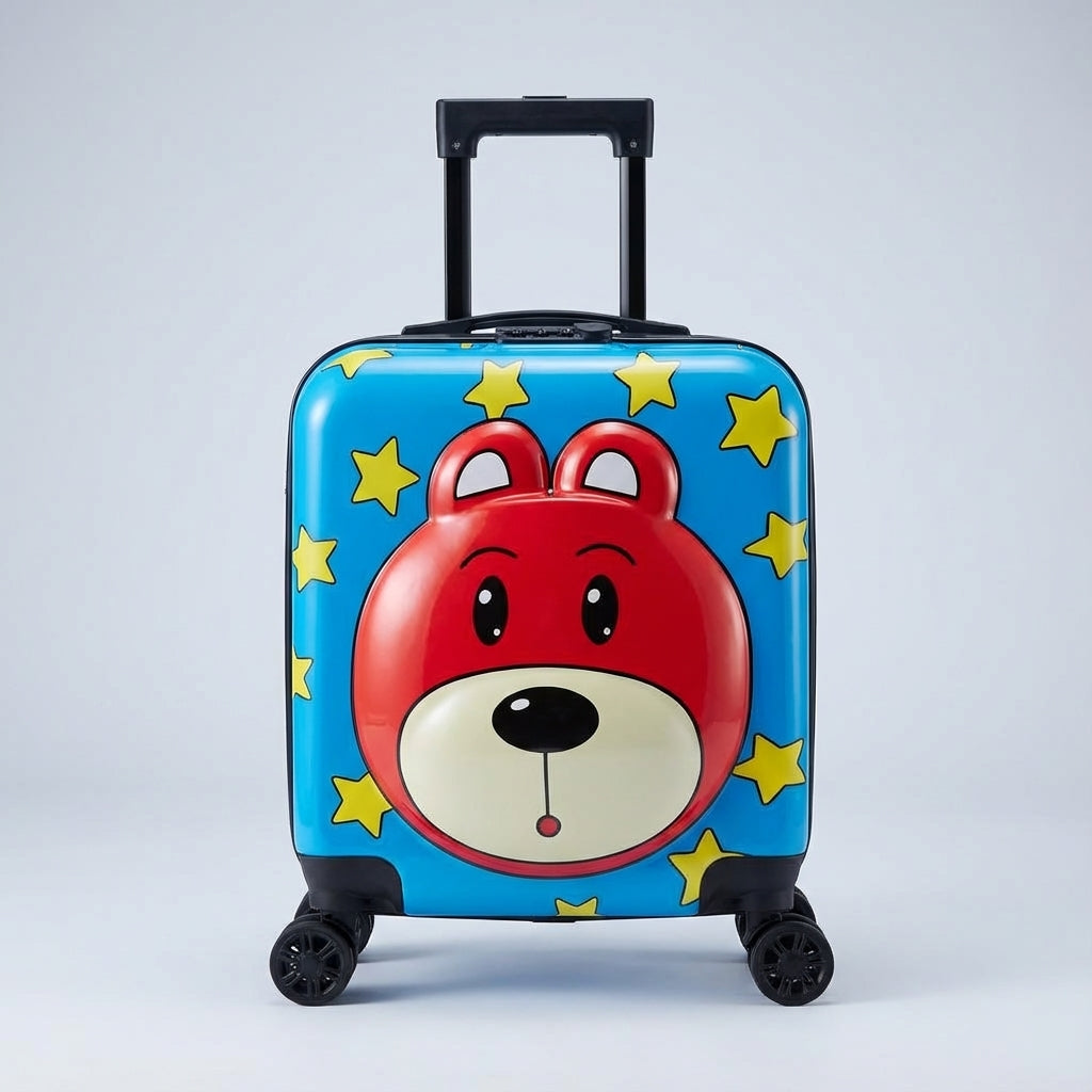 Compacte kindertrolley met kleurrijk design (vos/eendje), ideale handbagage voor reislustige kinderen.