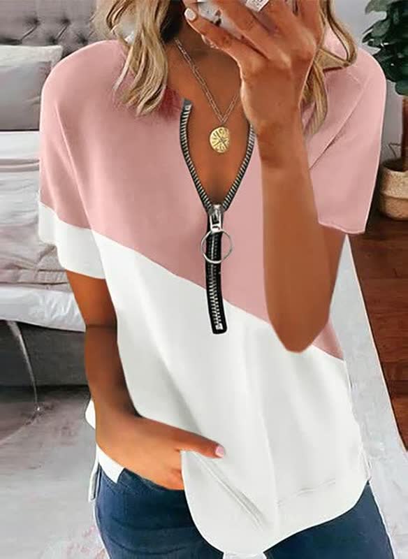 Grijs V-hals dames zomershirt, een comfortabele en stijlvolle casual top voor zomerse kleding.