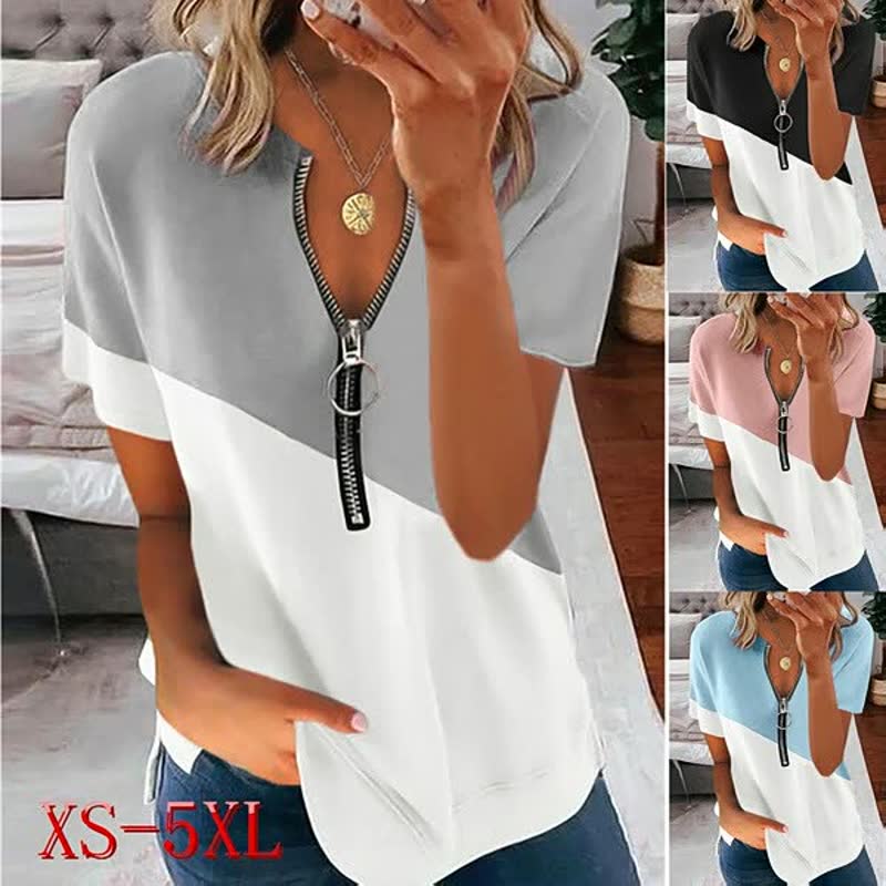 Zwart casual V-hals zomershirt voor dames, comfortabele en ademende kleding voor warme dagen.