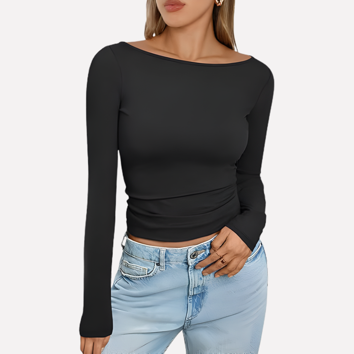 Veelzijdige effen kleur boot hals top met lange mouwen, geschikt voor elke outfit.