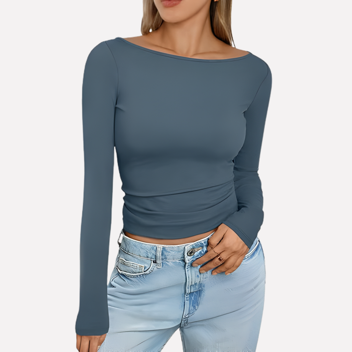 Effen kleur dames top met boot hals en lange mouwen, een essentiële aanvulling op je garderobe.