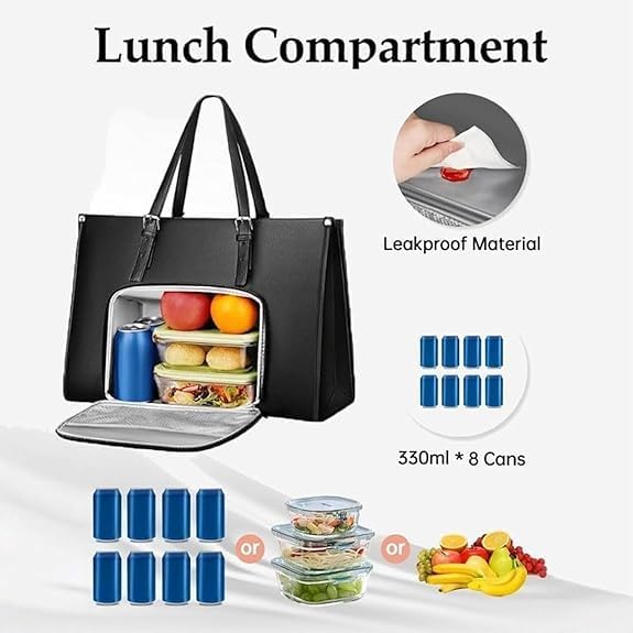 Praktische geïsoleerde lunchtas voor vrouwen, met apart laptopvak en extra organisatie voor snacks.