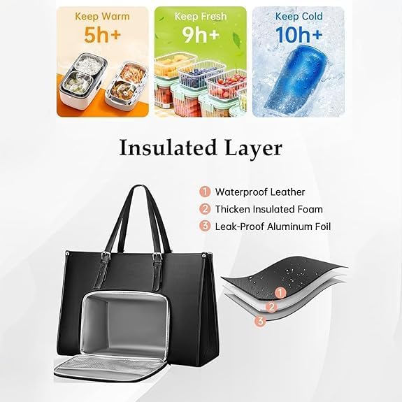Georganiseerde vrouwen lunchtas met thermische isolatie en veilig laptopcompartiment, ideaal voor werk.