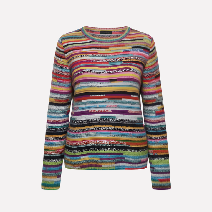 Vrouwen gebreide trui met kleurrijke strepen en ronde hals, ideaal voor casual herfst- en wintermode.