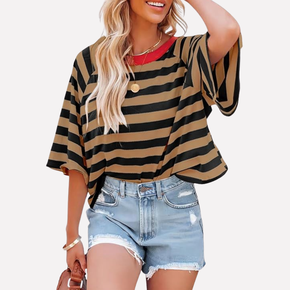 Ontspannen pasvorm dames top, gestreept kleurblok met crewneck en korte mouwen. Ideaal voor dagelijks comfort in de zomer.