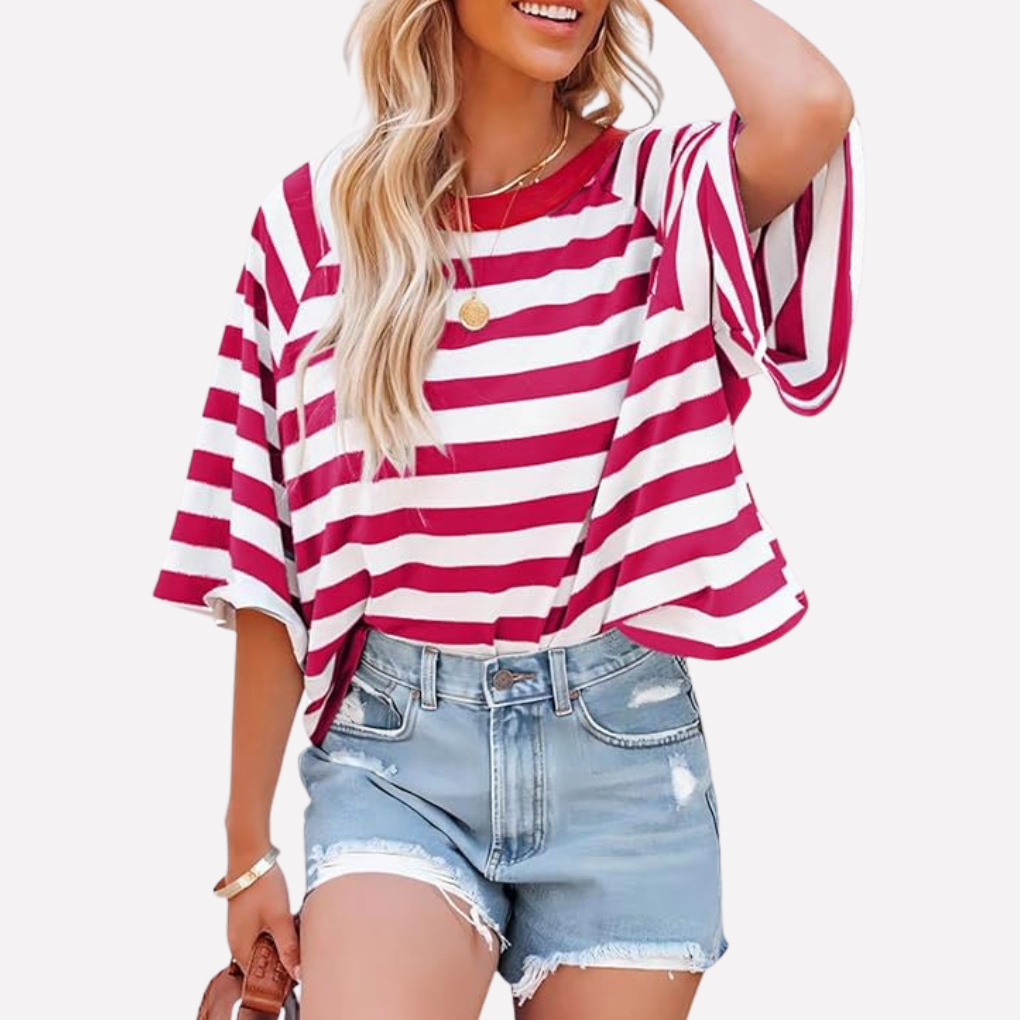 Dames gestreepte crewneck top, met kleurblok accenten en korte mouwen. Een veelzijdige keuze voor dagelijkse zomeroutfits.