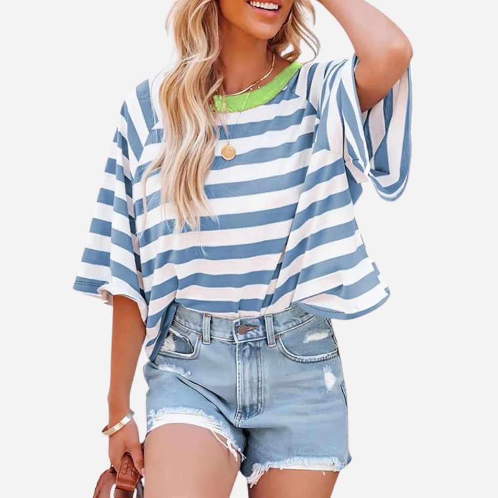 Casual crewneck top voor vrouwen met gestreepte kleurblokken en korte mouwen. Perfect voor comfortabele zomerse dagen.