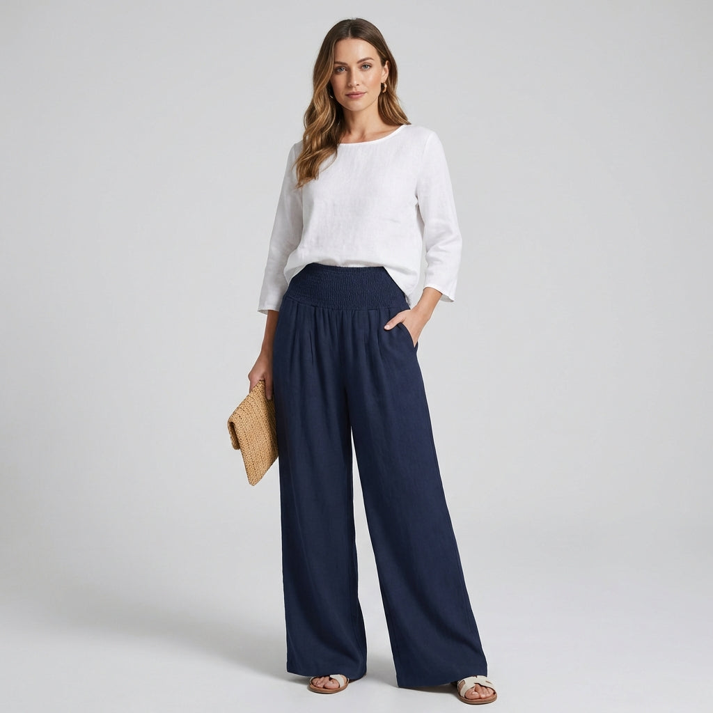 Vrouwen linnen palazzo broek met wijde pijpen en hoge taille. Comfortabele zomerkleding.