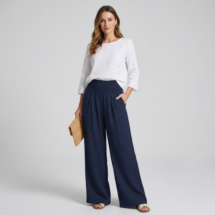 Vrouwen linnen palazzo broek met wijde pijpen en hoge taille. Comfortabele zomerkleding.