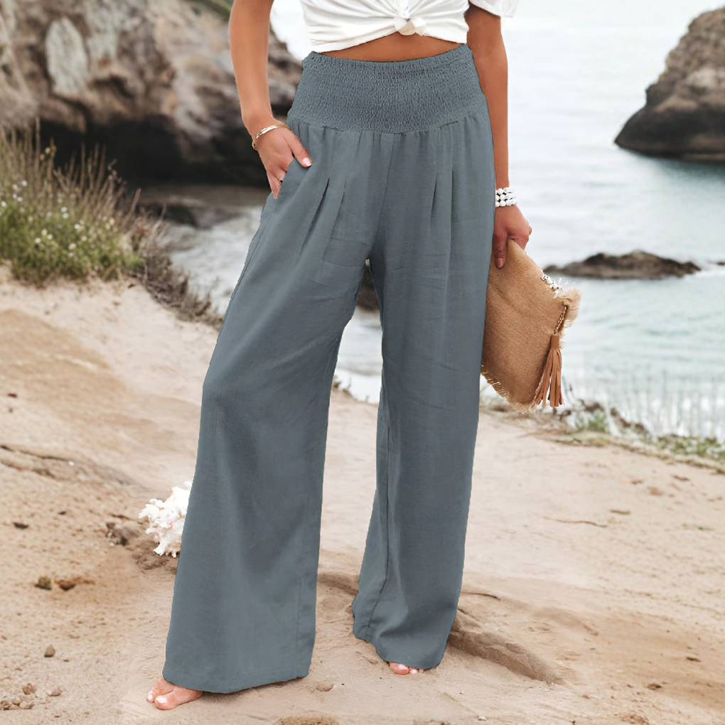 Stijlvolle linnen palazzo broek voor vrouwen, wijde pijpen. Hoge taille, casual zomer mode.