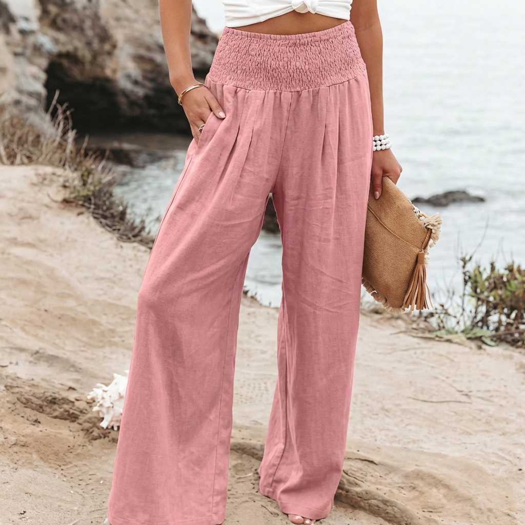 Lichte linnen broek, wijde pijpen, palazzo stijl. Perfecte zomer- en lentekleding voor vrouwen.