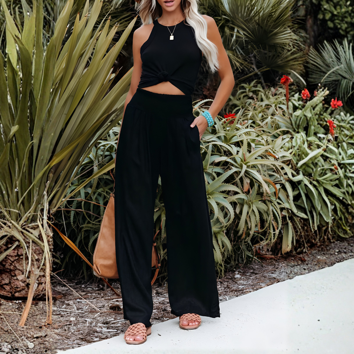 Comfortabele linnen palazzo broek, wijde pijpen, voor dames. Perfecte casual zomerkleding.