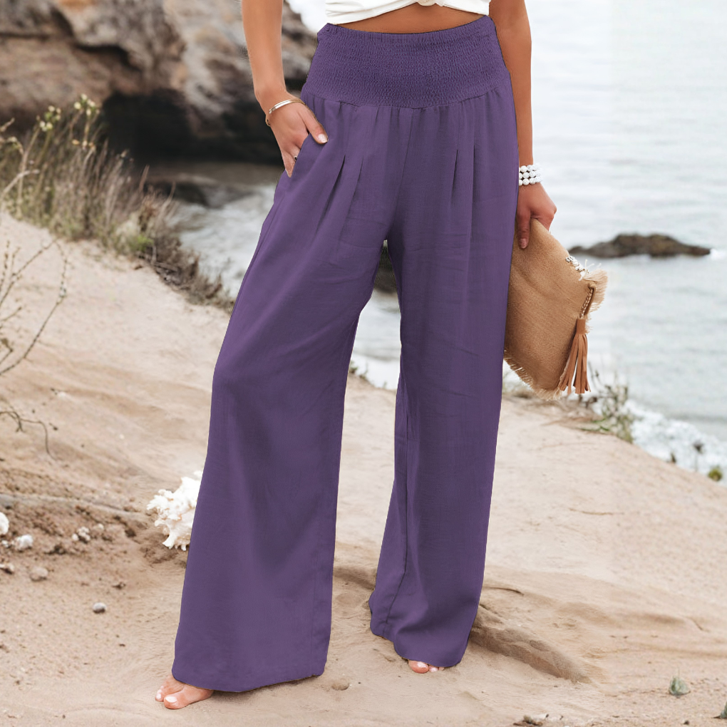 Dames linnen broek, wijde pijpen, palazzo model. Hoge taille voor een comfortabele pasvorm.