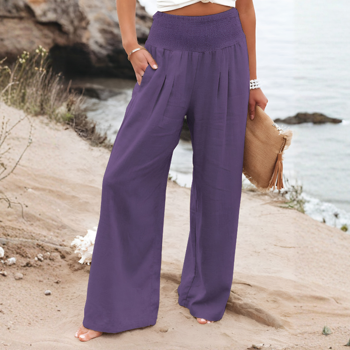 Dames linnen broek, wijde pijpen, palazzo model. Hoge taille voor een comfortabele pasvorm.