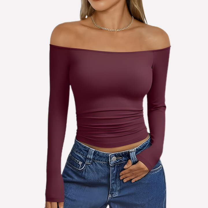 Off-the-shoulder damestop AM1 met lange mouwen, casual en chique, perfect voor elke gelegenheid.