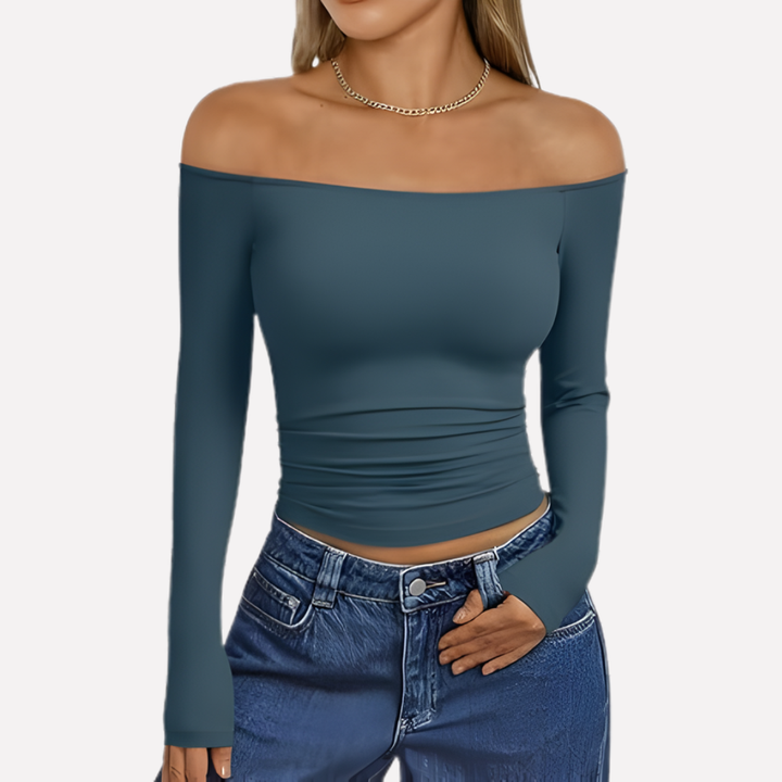 Chique dames off-the-shoulder top met lange mouwen, voor een elegante en trendy uitstraling.