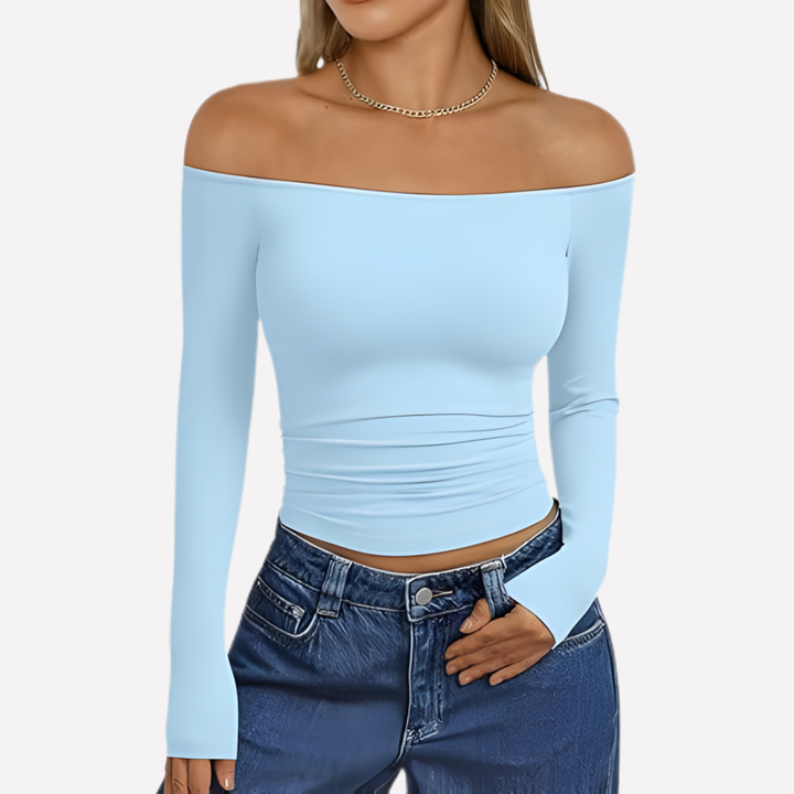 Stijlvolle off-the-shoulder damestop met lange mouwen, chique en comfortabel voor een trendy look.