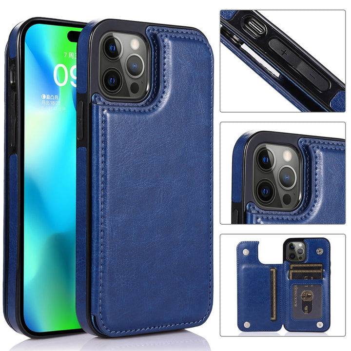 Functionele telefoonhoes-portemonnee van echt leer voor iPhone, met pasjes en magneetsluiting.