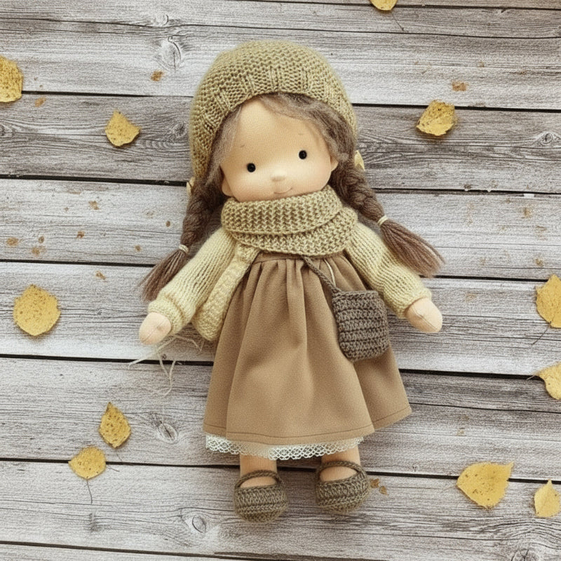 Elora, de duurzame Waldorf pop van natuurlijk katoen. Zacht en handgemaakt, perfect voor kinderfantasie.