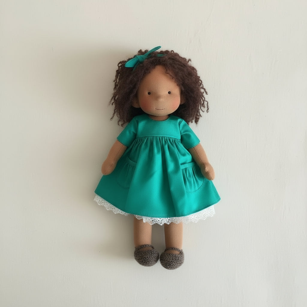 Authentieke Waldorf pop Elora, handgemaakt van natuurlijk katoen. Zacht knuffelspeelgoed voor uren speelplezier.
