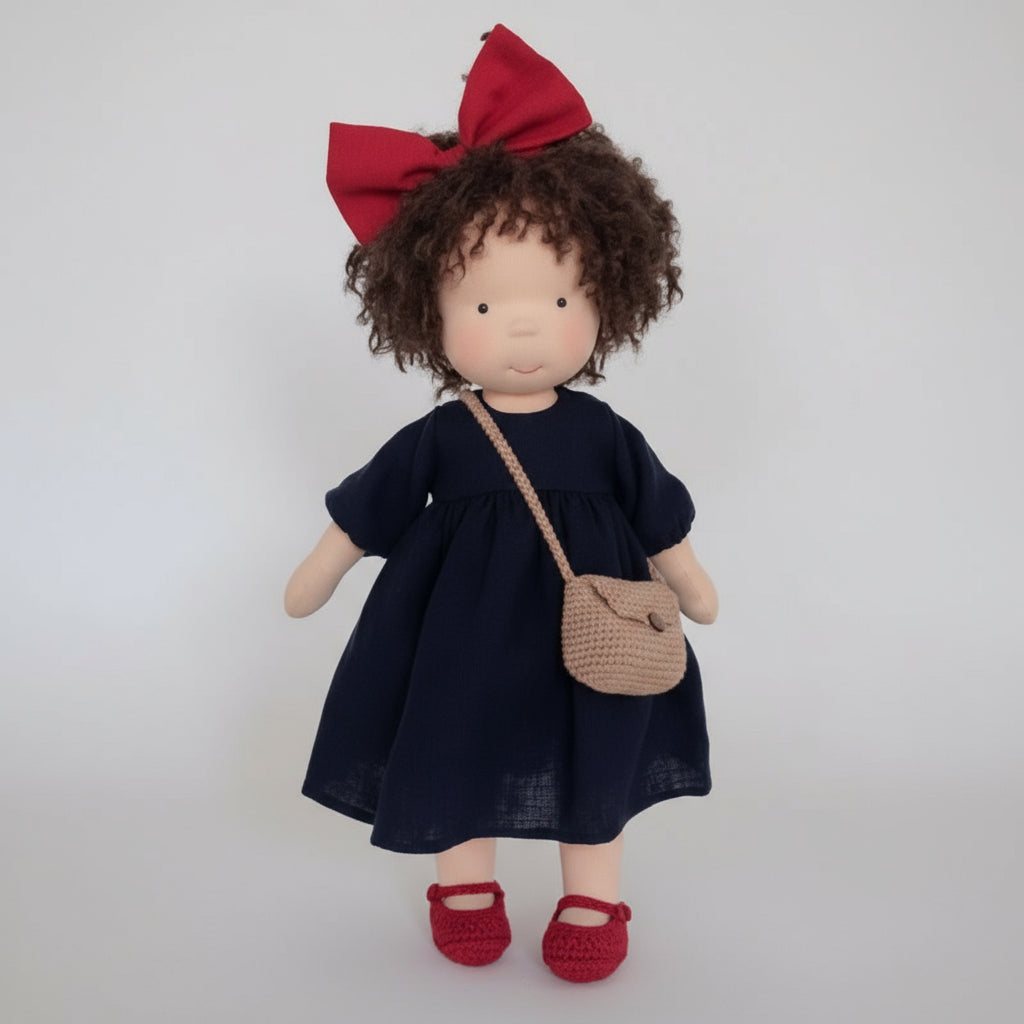 Zittende Waldorf pop Elora, handgemaakt van natuurlijk katoen. Een duurzame knuffel voor fantasiespel.
