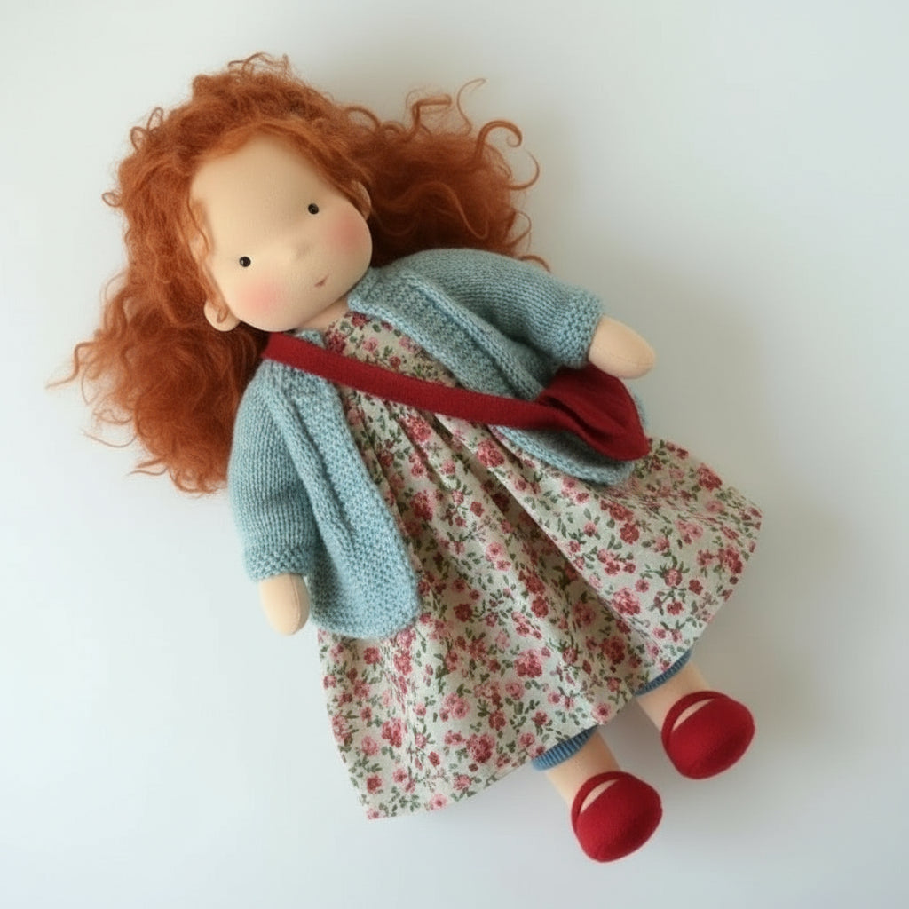 Detail van Elora Waldorf pop, zachte natuurlijke katoenen stof, handgemaakt voor pedagogisch speelgoed.