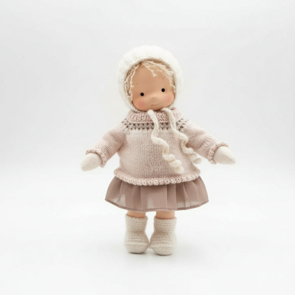 Waldorf knuffel Elora, handgemaakt van natuurlijk katoen, een duurzaam en pedagogisch geschenk voor het kind.