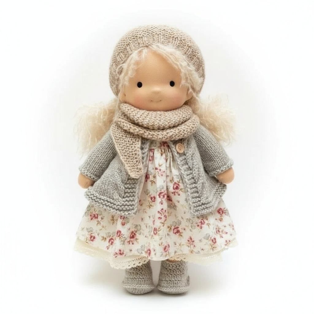 Natuurlijk katoenen Waldorf pop Elora, handgemaakt, pluche en duurzaam speelgoed voor een kindervriend.