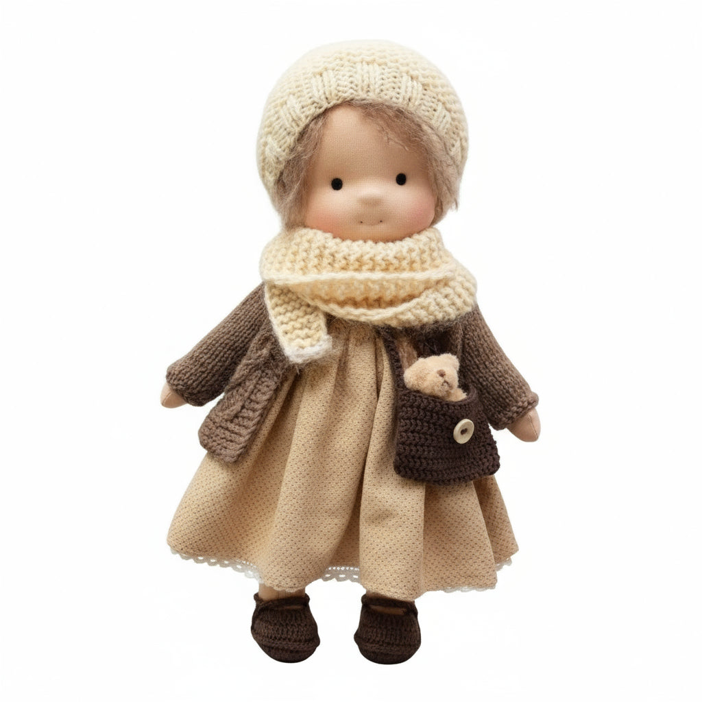 Kindvriendelijke Elora Waldorf pop. Handgemaakt van natuurlijk katoen. Pluche en duurzaam cadeau.