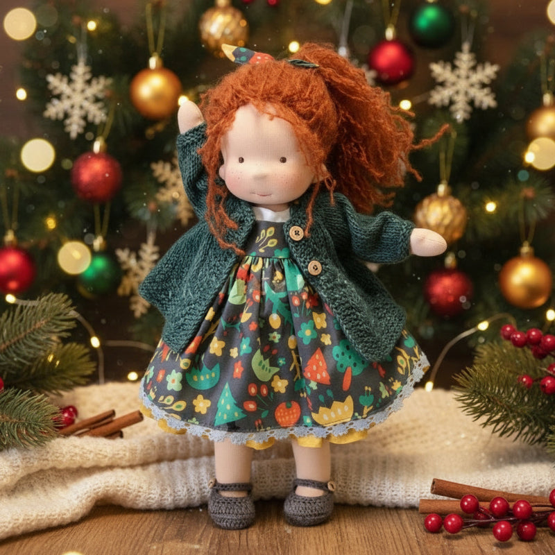 Gedetailleerde Elora Waldorf pop, handgemaakt met natuurlijk katoen. Ideaal als uniek cadeau voor elk kind.