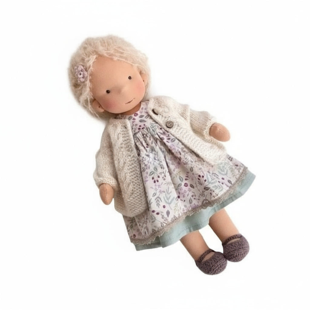 Handgemaakte Elora Waldorf pop. Natuurlijk katoen, pluche, duurzaam. Perfect kindercadeau.