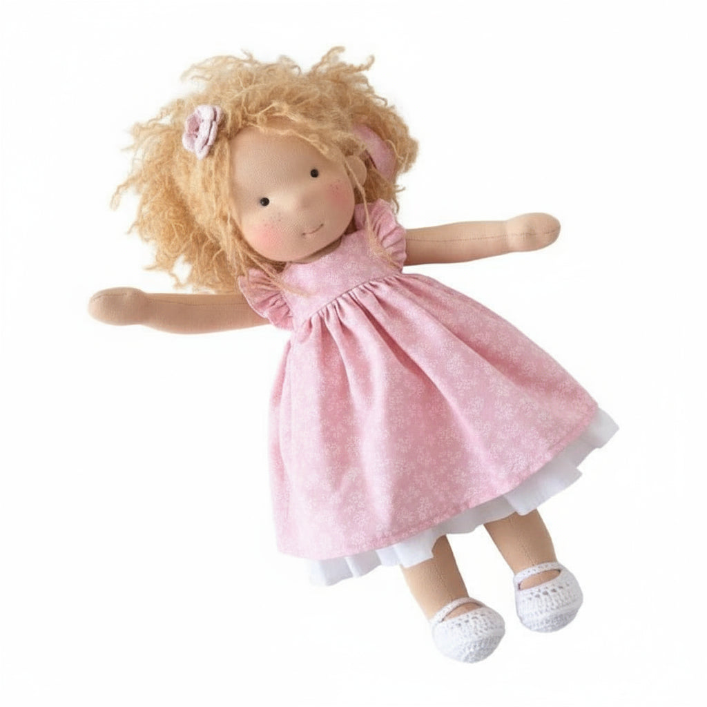 Elora, de natuurlijke katoenen Waldorf pop. Handgemaakt, pluche, stimuleert fantasie bij kinderen.
