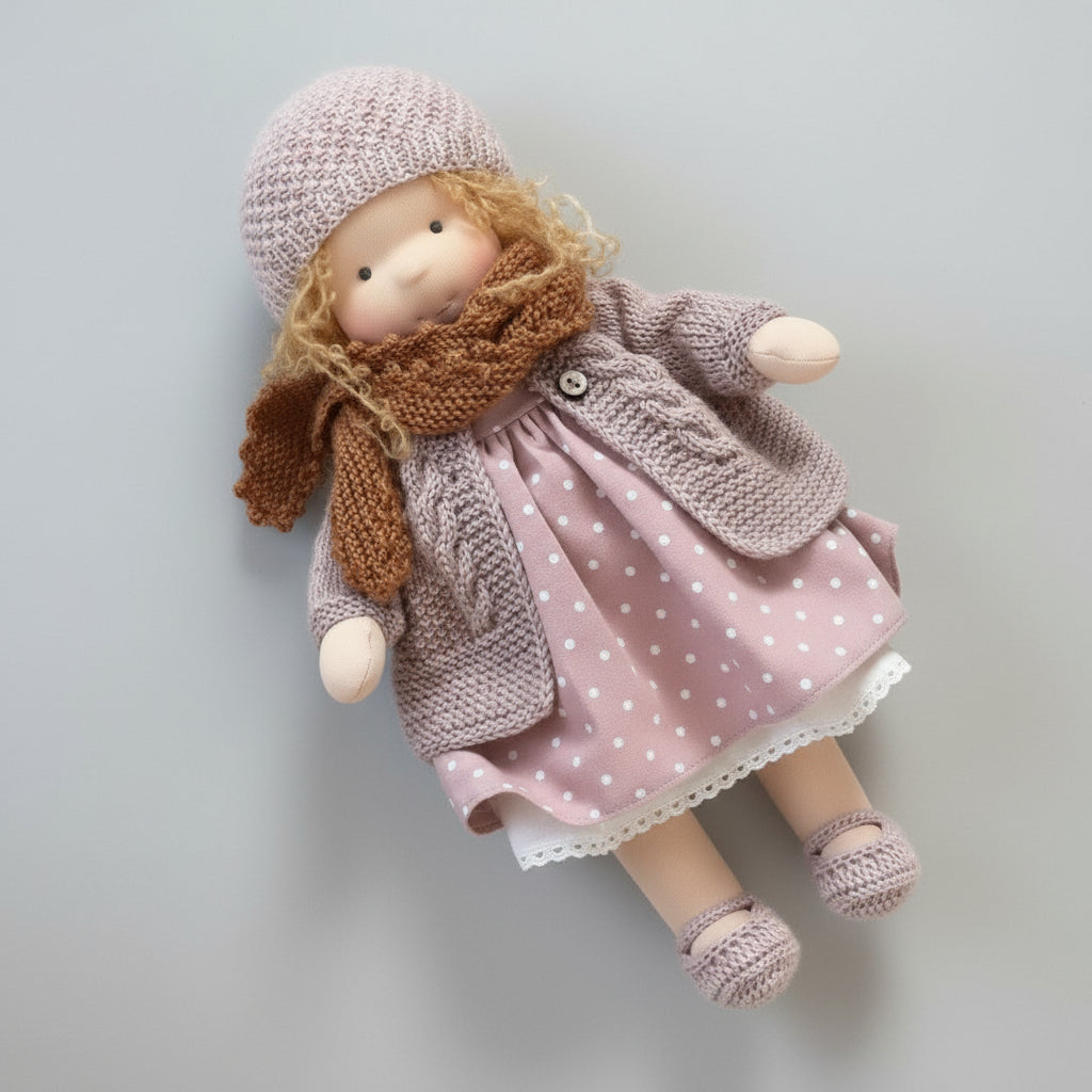 Elora Waldorf pop met katoenen vulling, een duurzame, handgemaakte knuffel voor empathisch spel.