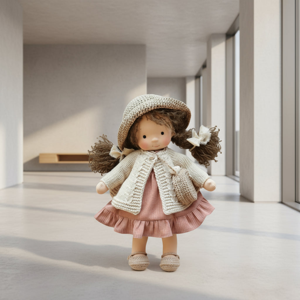 Natuurlijk katoenen Waldorf pop Elora, pluche en handgemaakt, bevordert de fantasie van jonge kinderen.