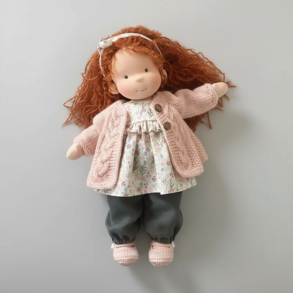 Handgemaakte Waldorf knuffelpop Elora, van 100% natuurlijk katoen. Veilig en duurzaam speelgoed voor kleintjes.