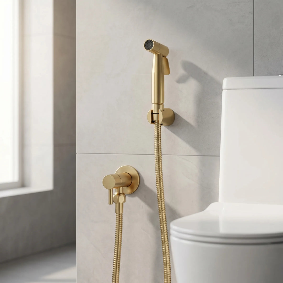 Wandgemonteerde bidet sproeier set voor optimale persoonlijke hygiëne in de badkamer of bij het toilet.