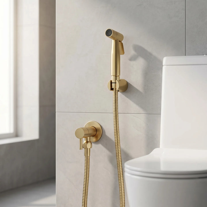 Wandgemonteerde bidet sproeier set voor optimale persoonlijke hygiëne in de badkamer of bij het toilet.