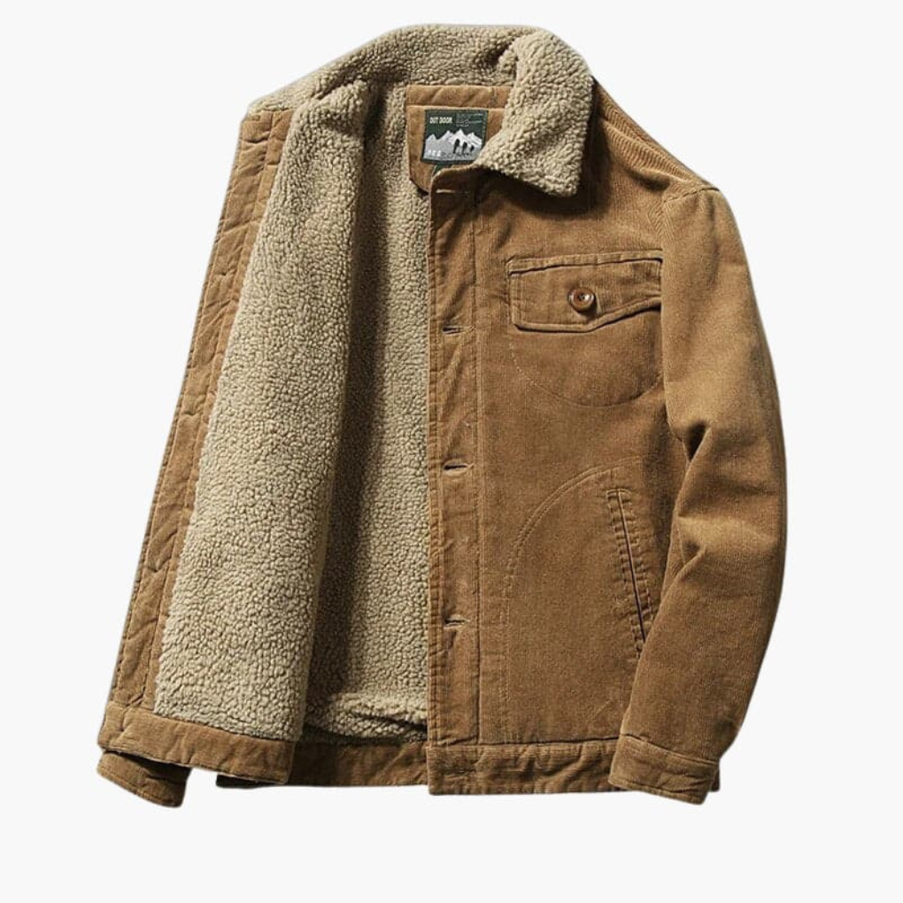 Stijlvolle heren corduroy winterjas met warme sherpa voering en casual knoopsluiting.