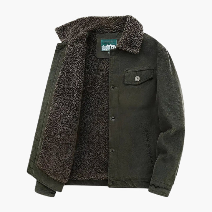 Comfortabele heren herfstjack van corduroy, gelaagd met sherpa, ideaal voor buiten.