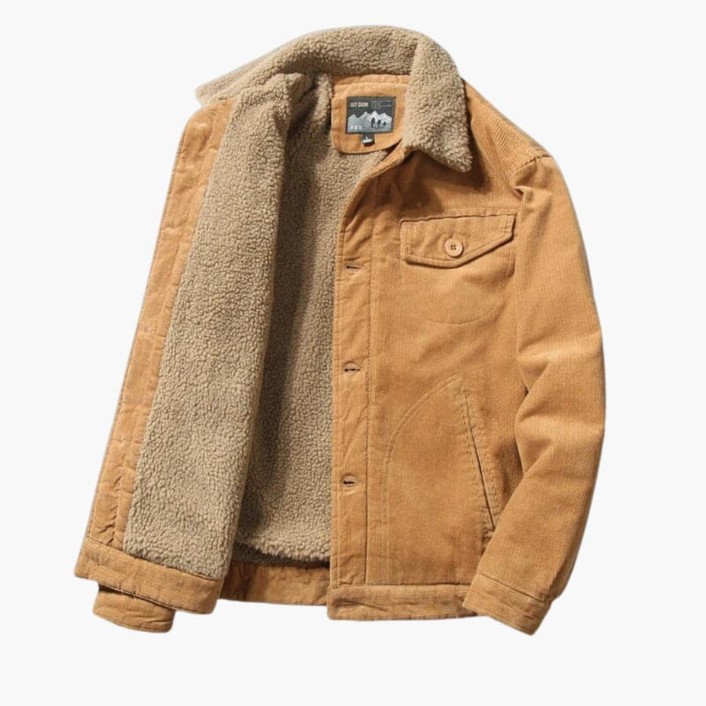 Bruin corduroy overshirt voor heren met warme sherpa binnenkant en klassieke knopen.