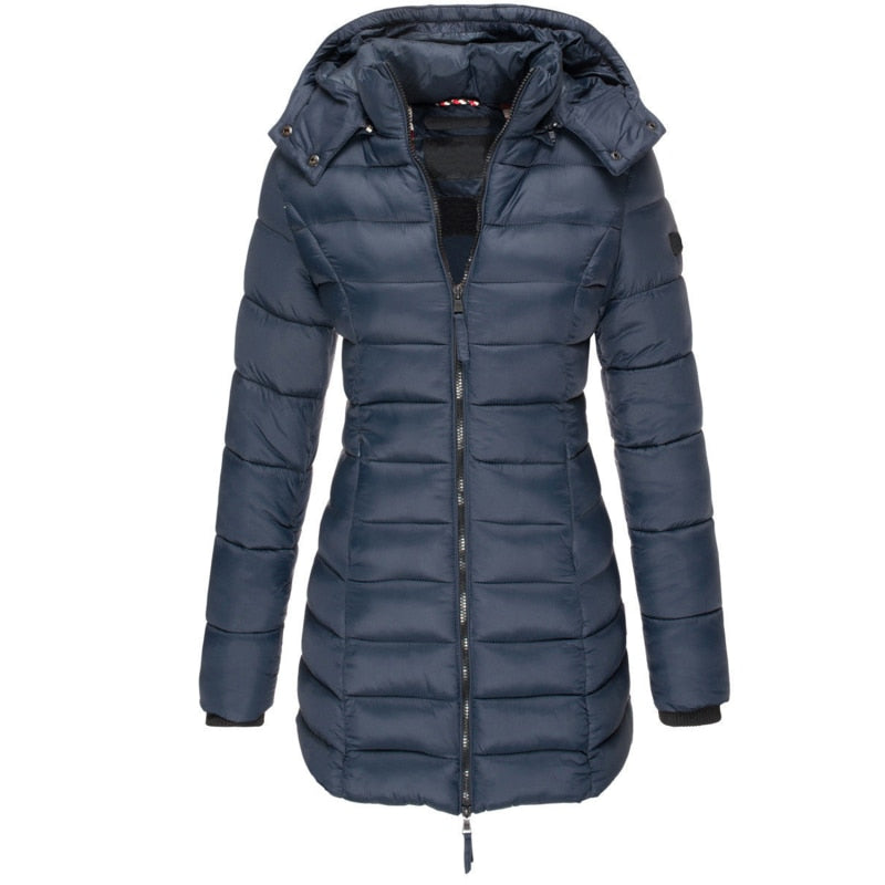 Warme dames donsjack Olivia met capuchon, ideaal voor koud weer. Stijlvolle winterjas met ritssluiting.