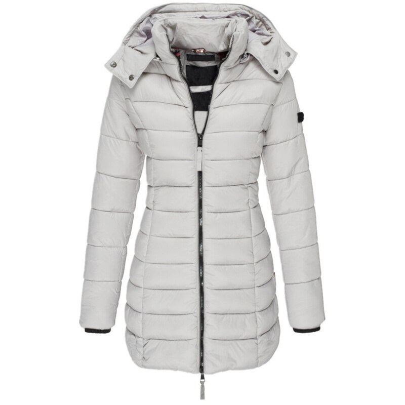 Functionele dames donsjack Olivia met capuchon, een warme winterjas voor dagelijks gebruik bij koud weer. Bovenkleding.