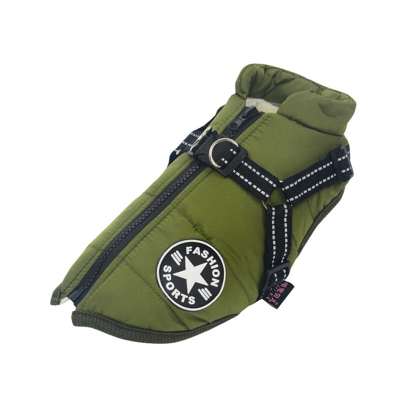 Comfortabele winterjas voor honden, waterdicht en warm, met geïntegreerd reflecterend harnas.