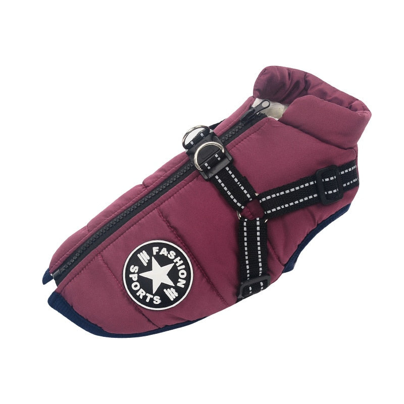 Hond winterjas met ingebouwd harnas voor veilige, warme wandelingen. Reflecterend voor extra zichtbaarheid.