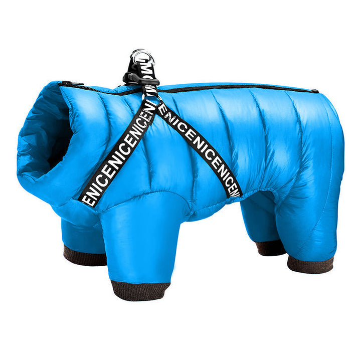 Blije hond in comfortabele, warme ArcticPaws winterjas, ideaal voor koude dagen buiten.