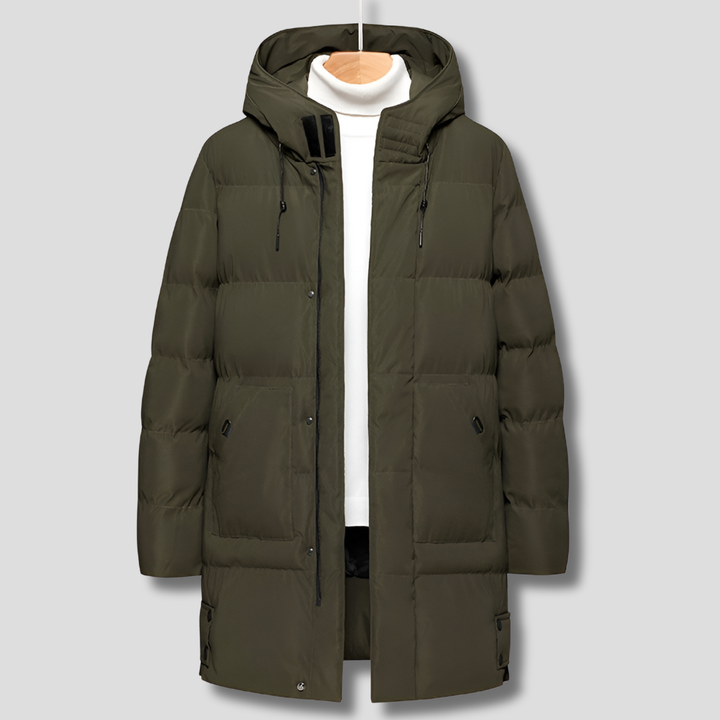 Functionele heren parka winterjas met capuchon, warm en winddicht voor outdoor activiteiten. Comfortabele casual bovenkleding.