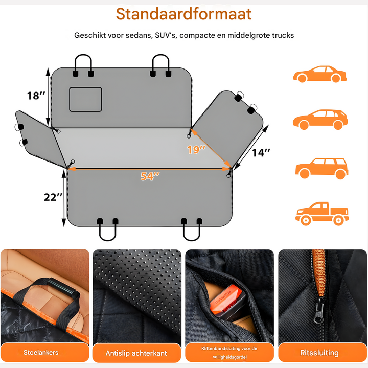 Comfortabele autodeken voor honden in auto, waterbestendig en antislip, perfect voor reizende huisdieren en schone autostoelen.