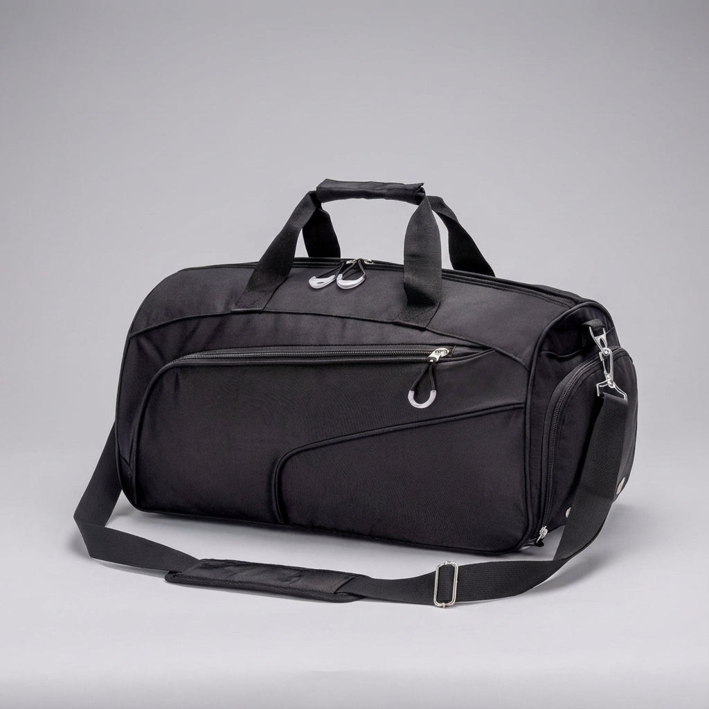Stevige FlexDuffel gymtas (35L) van oxford stof met geventileerd natvak voor schone en natte spullen.