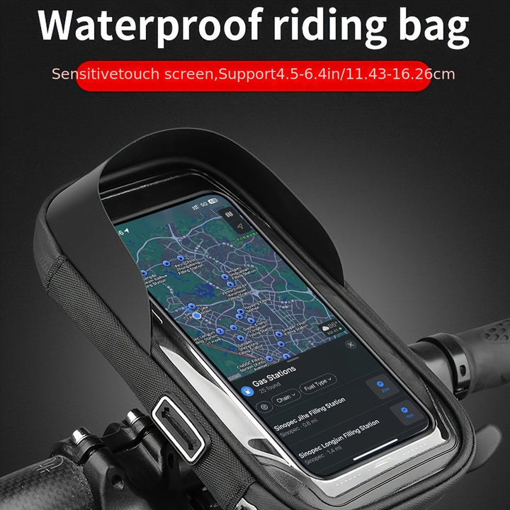 Zwarte waterdichte smartphonehouder voor fietsstuur, 360 graden draaibaar, veilig onderweg.