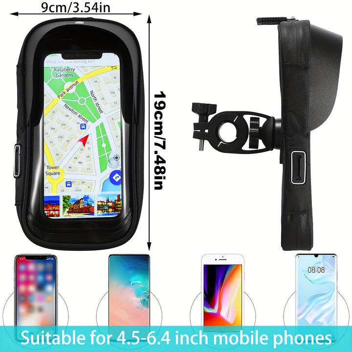 Beschermende waterdichte fiets & motor telefoonhouder, zwart, 360 graden draaibaar voor alle weersomstandigheden.